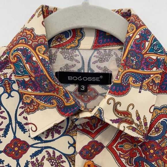 Bogosse Men's Long Sleeve Cream Shirt with Paisley Design Size 3 Cotton - Picture 6 of 11